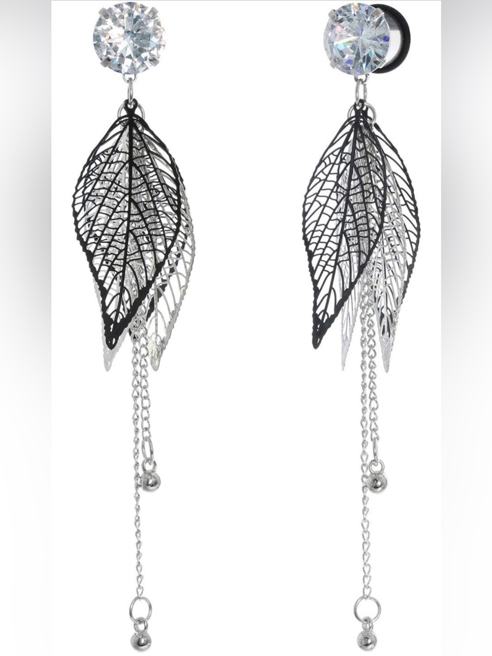 NIB CZ Black Leaf Dangle Plugs Gauges, 7/16” / 11 mm Body Jewelry